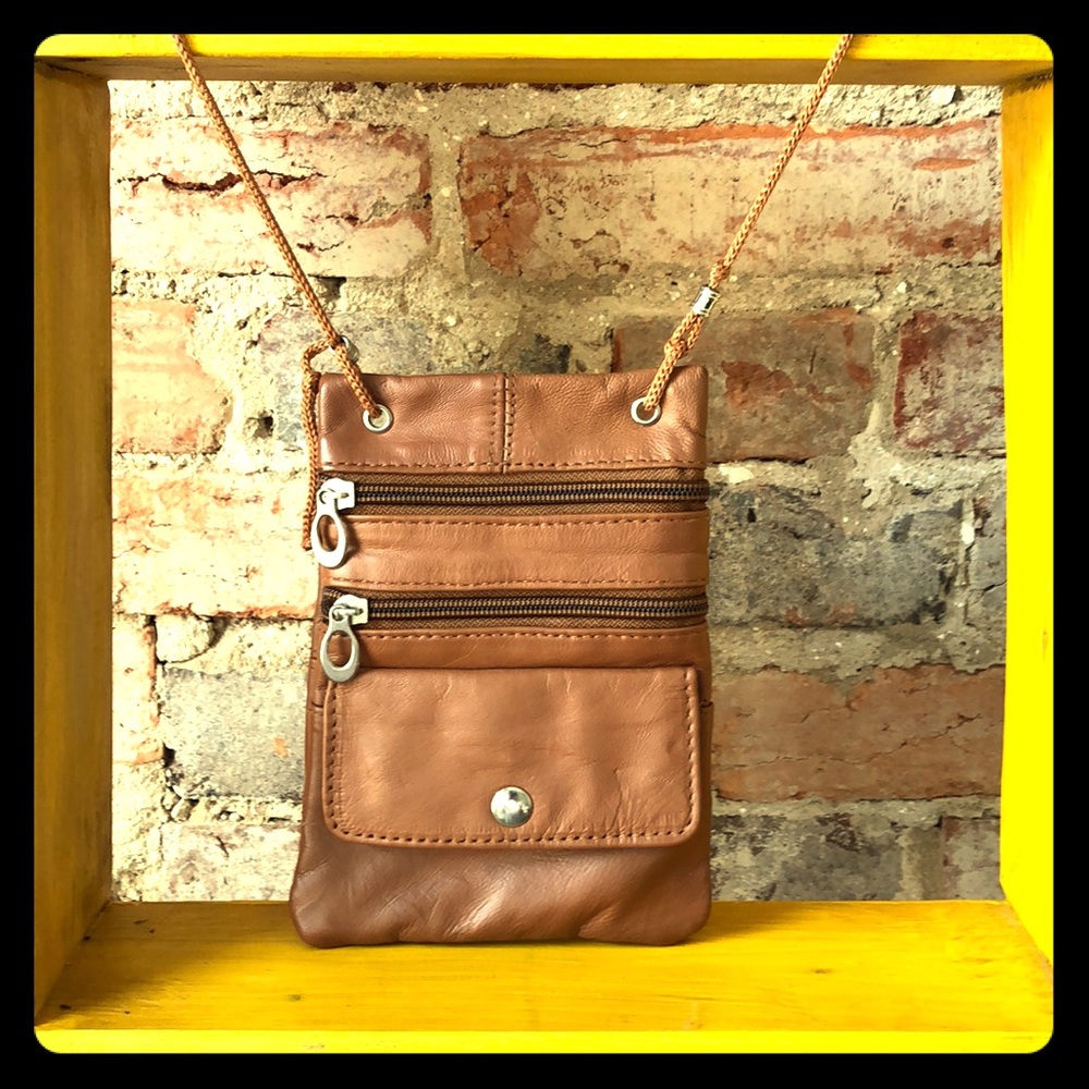 Tiny light light brown/dark tan leather bag